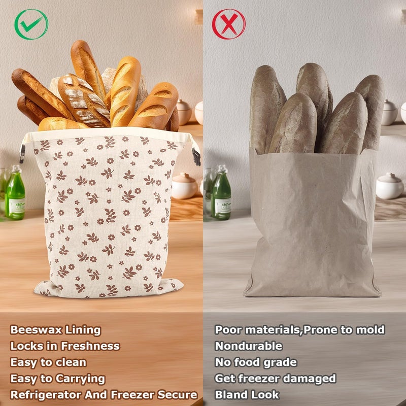 Vakeen Beeswax Bread Bags, Reusable Linen Organic Beeswax Bread Bags for Sourdough, Keep Freshand and Large Capacity Sourdough Loaf Bag, Coffee Leaf Print Design Storage Bag for Gift - Image 5
